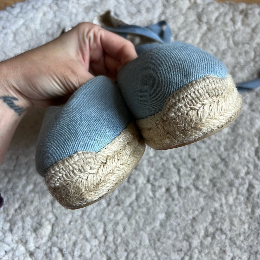 Saludos Light Denim Wrap Ankle Strap Platform Wedge Espadrille Size 8 - Picture 7 of 13